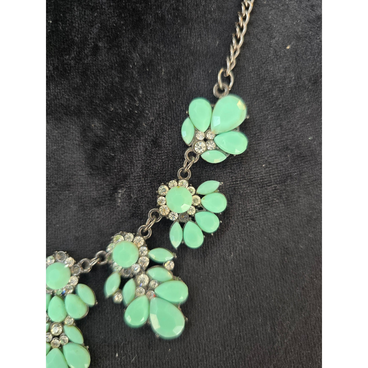 Mint Green Teardrop Rhinestone Floral Bib Statement Necklace