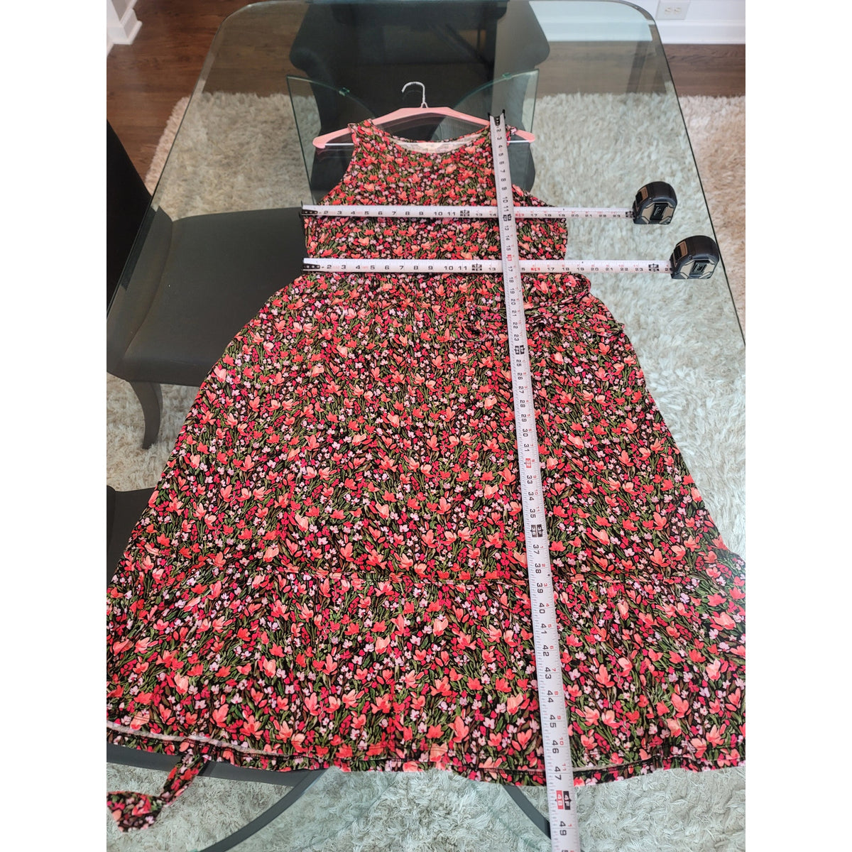 Terra & Sky Maxi Dress Women 1X Black Pink Stretch Floral Tie Waist Ruffle Hem