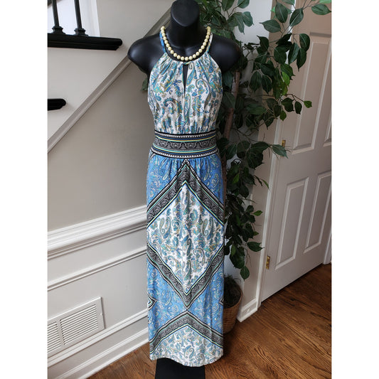 London Times Long Maxi Dress Women's Size 6 Blue & Beige Round Neck Sleeveless