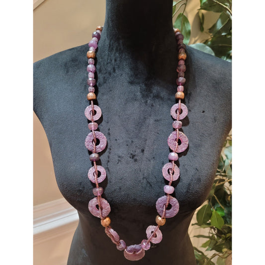 Coldwater Creek Women's Purple Carved Bead Necklace Round Accents Lobster Claw