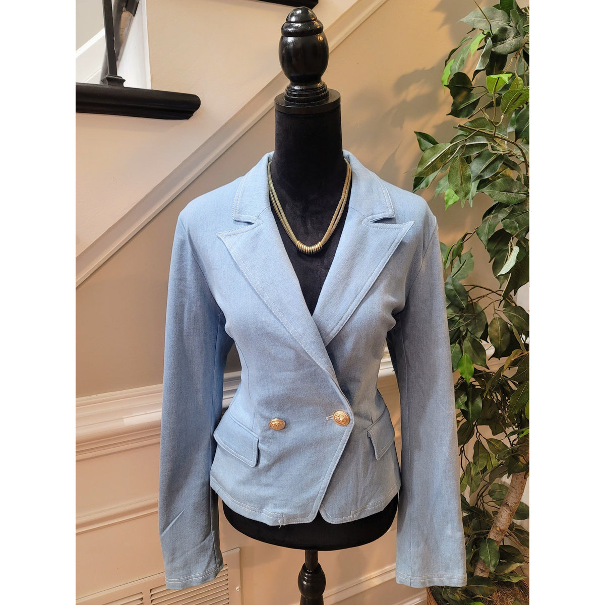 Fashion Nova Blazer Jacket Women's Large Blue Button Double Breasted Welt Pocket