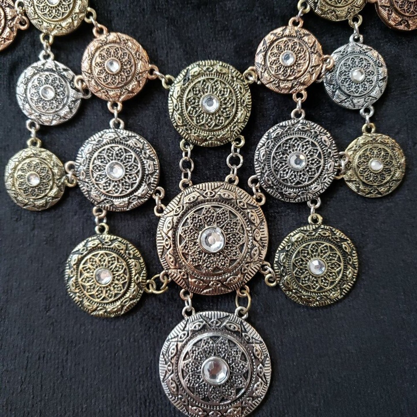 Womens Silver Gold Medallion Pendant Rhinestone Copper Tone Bib Necklace