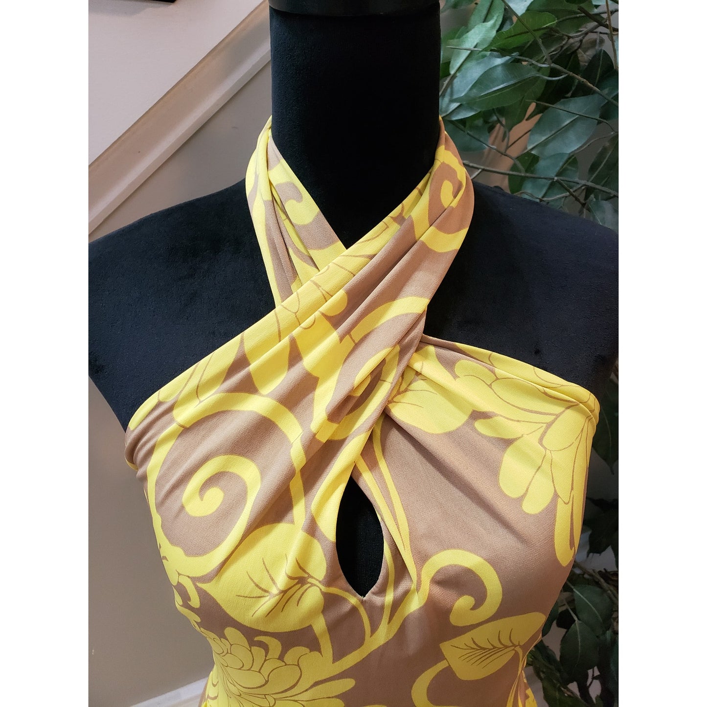 Muse Sheath Dress Women's 12 Yellow Brown Floral Stretch Pleated Helter Neck