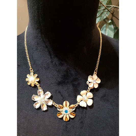 Womens Vintage Enamel Flower Crystal Rhinestones Necklace with Lobster Clasp