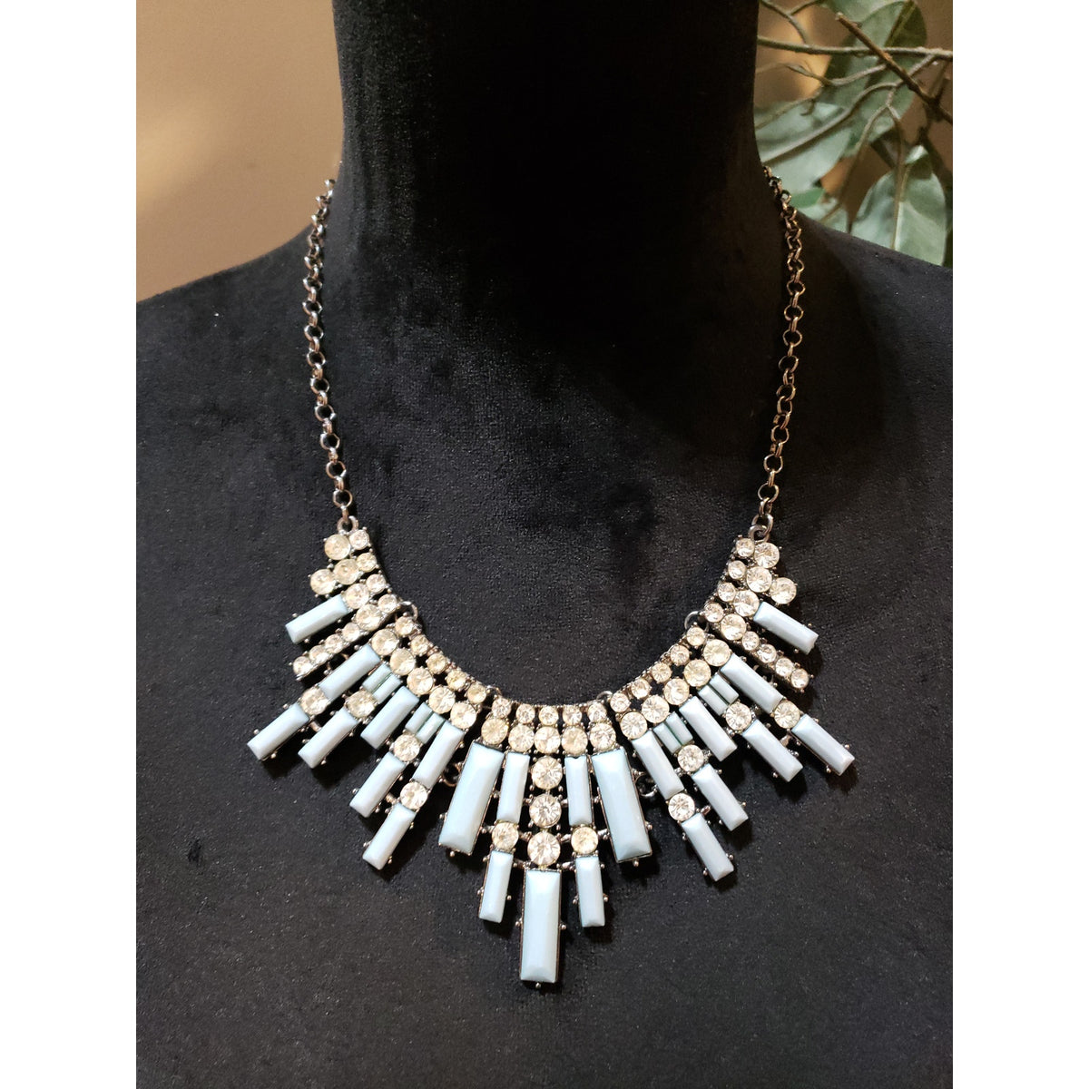 Womens Light Blue Plastic Stones Rhinestone Bling Statement Necklace Jewelry