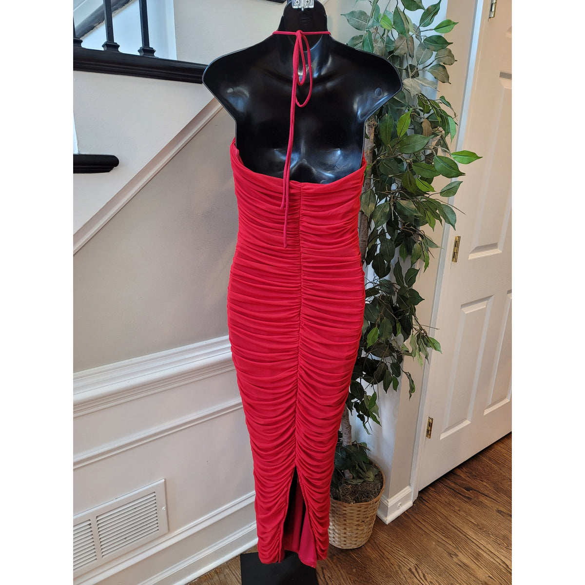 Fashion Nova Strapless Midi Dress Women's Medium Red Ruched 3D Floral Corsage
