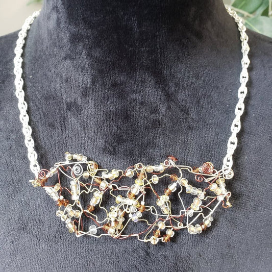 Women Multi Wire Wrapped Glass Bead Silver Chain Necklace with Spring Ring Clasp