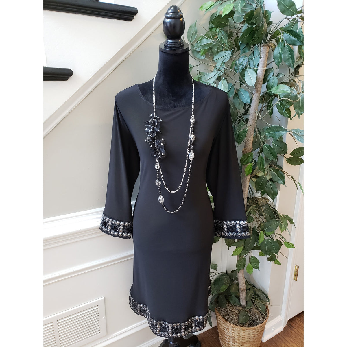 Tiana B. Fit & Flare Dress Women's Size XL Black Studded Round Neck Long Sleeve