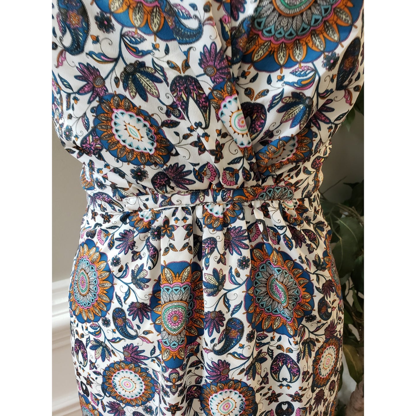 19 Cooper Fit & Flared Dress Women's XL Multi Geo Print Lined Pleated V Neck