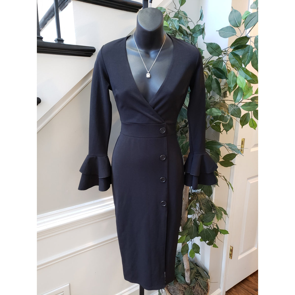 Womens Shirt Dress XS Black Stretch Tight Waist Flare Sleeve V Neck Button Front
