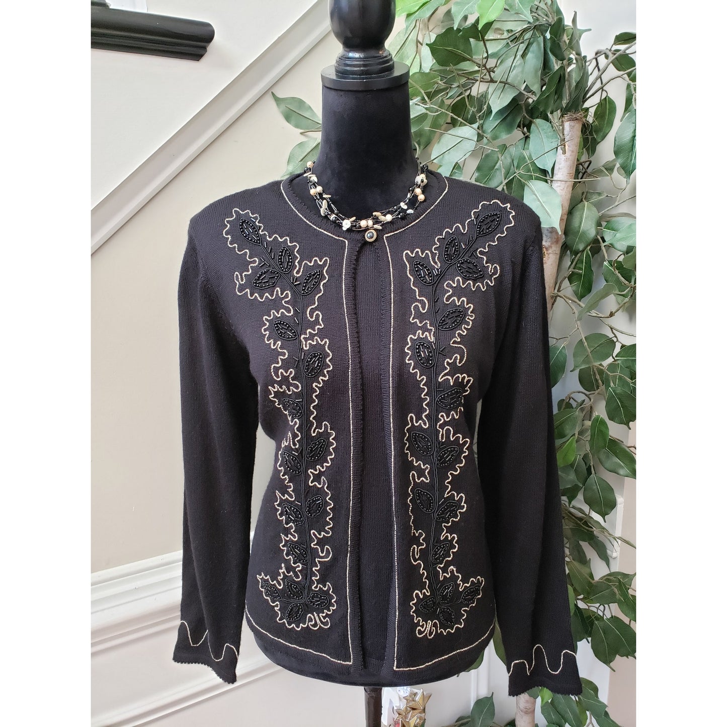 Alfred Dunner Cardigan Sweater Womens Petite M Black Layered Embroidered Beaded