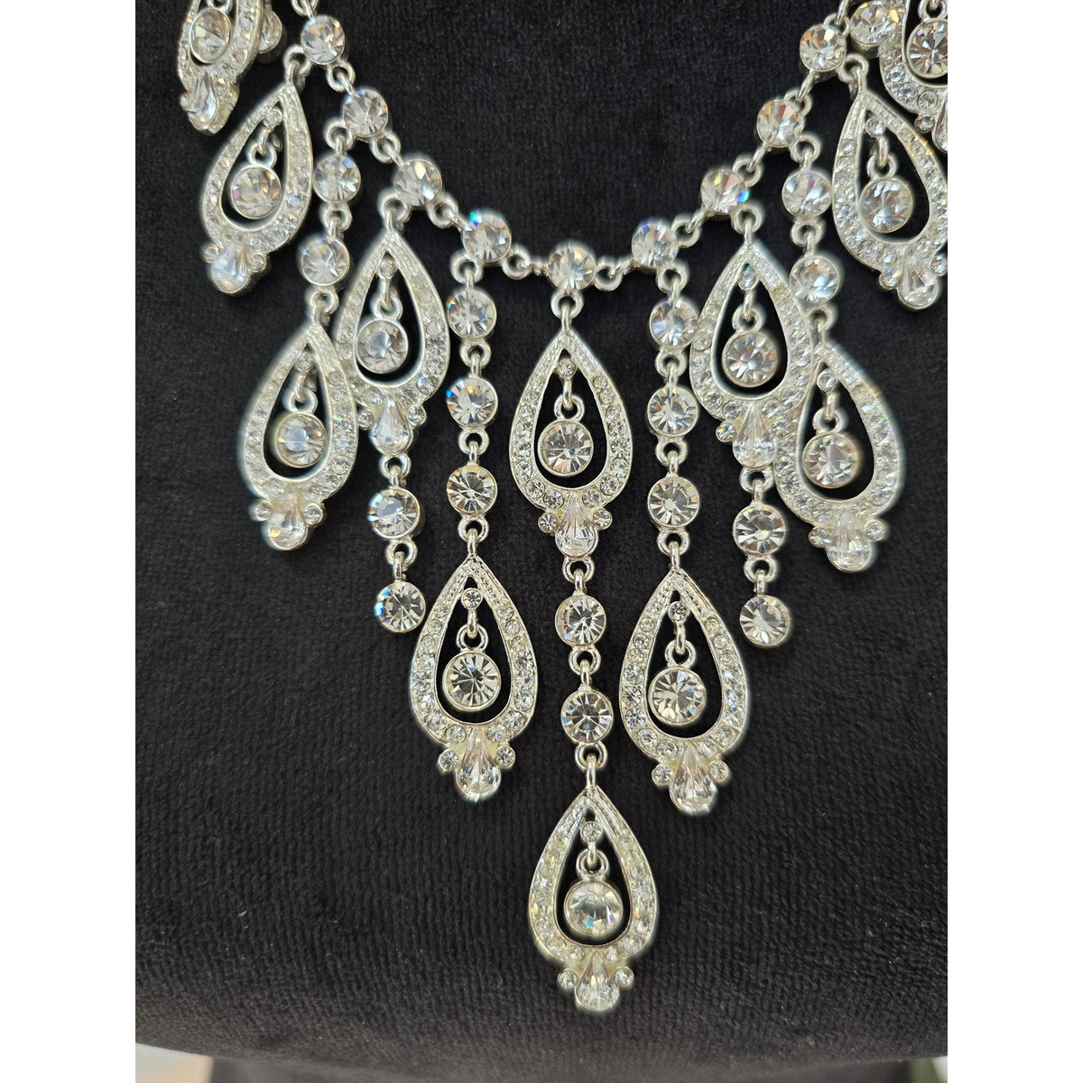 Silver Tone Rhinestone Crystal Teardrop Chandelier Bib Statement Necklace