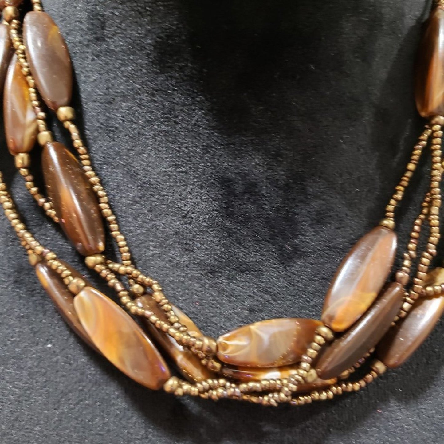 Womens Fashion Brown Amber Swirl Long Seed Bead 5 Strand Collar Necklace Jawelry