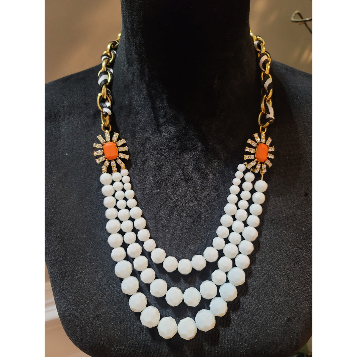 Plunder Orange White Beaded Necklace, Bracelet Earrings Set Statement Jewelry