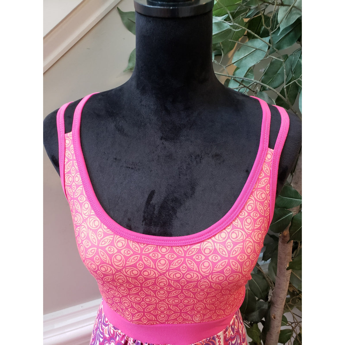Tehama Tank Dress Women Medium Pink Purple Floral Cross Back Strap Empire Waist