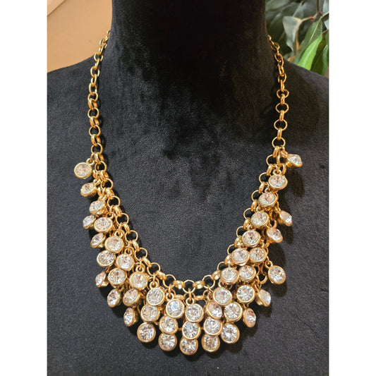 Gold Tone Rhinestone Lobster Bib Necklace Statement Layered Chain Dangle Crystal