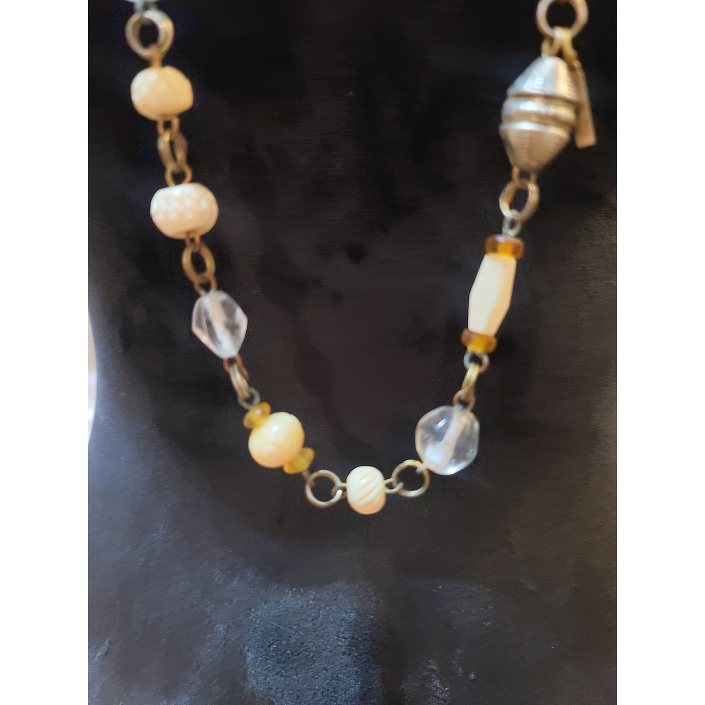 Women's Long Beaded Necklace With Ivory And Clear Beads Barrel Screw Lock