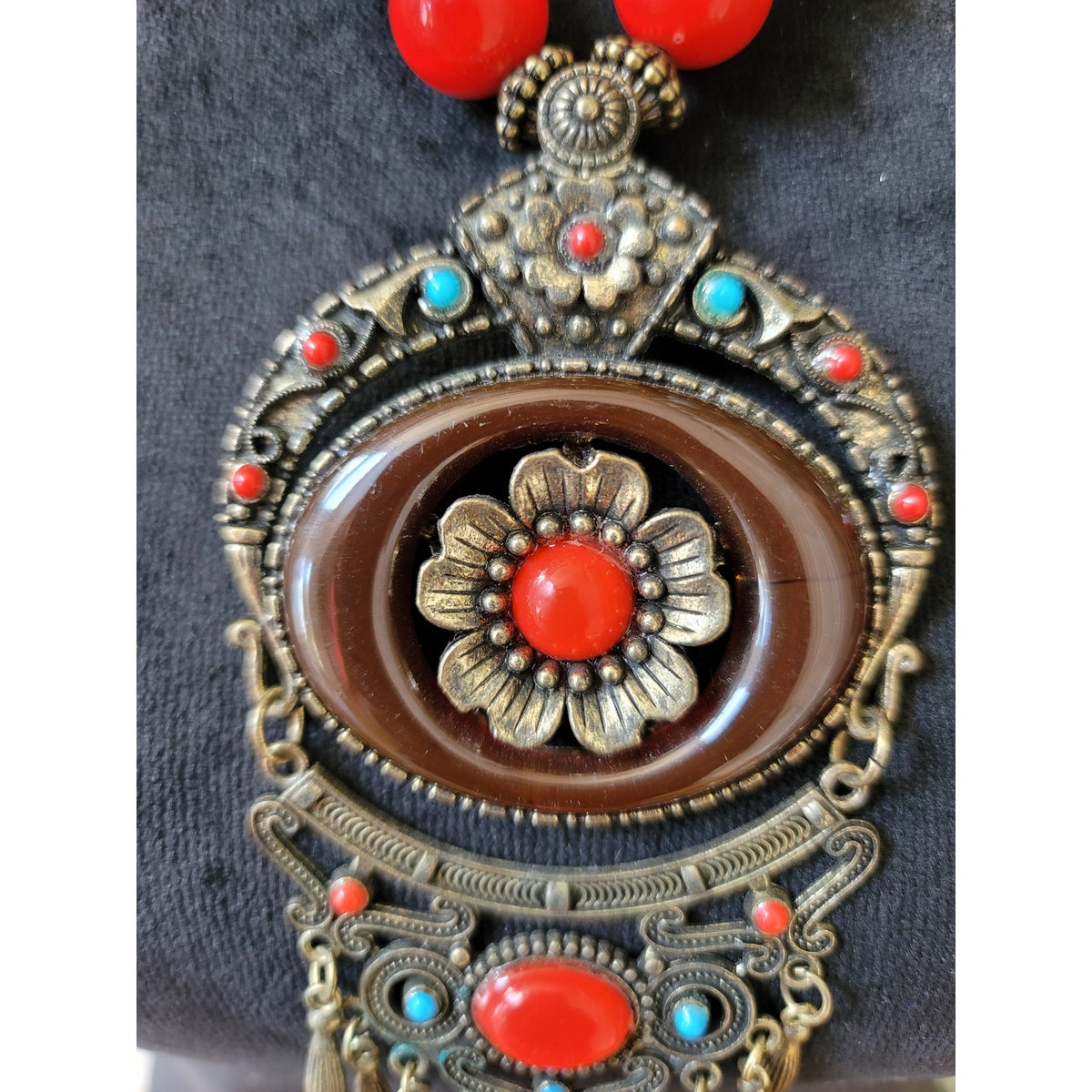 Women's Bohemian Antique Brass Statement Necklace With Lobster Clasp Red Beads