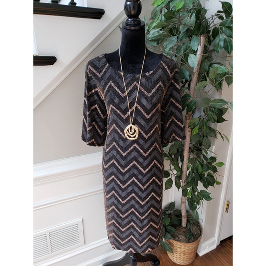Studio One New York Shift Dress Women's 16W Gold & Black Chevron Sequin Sparkle
