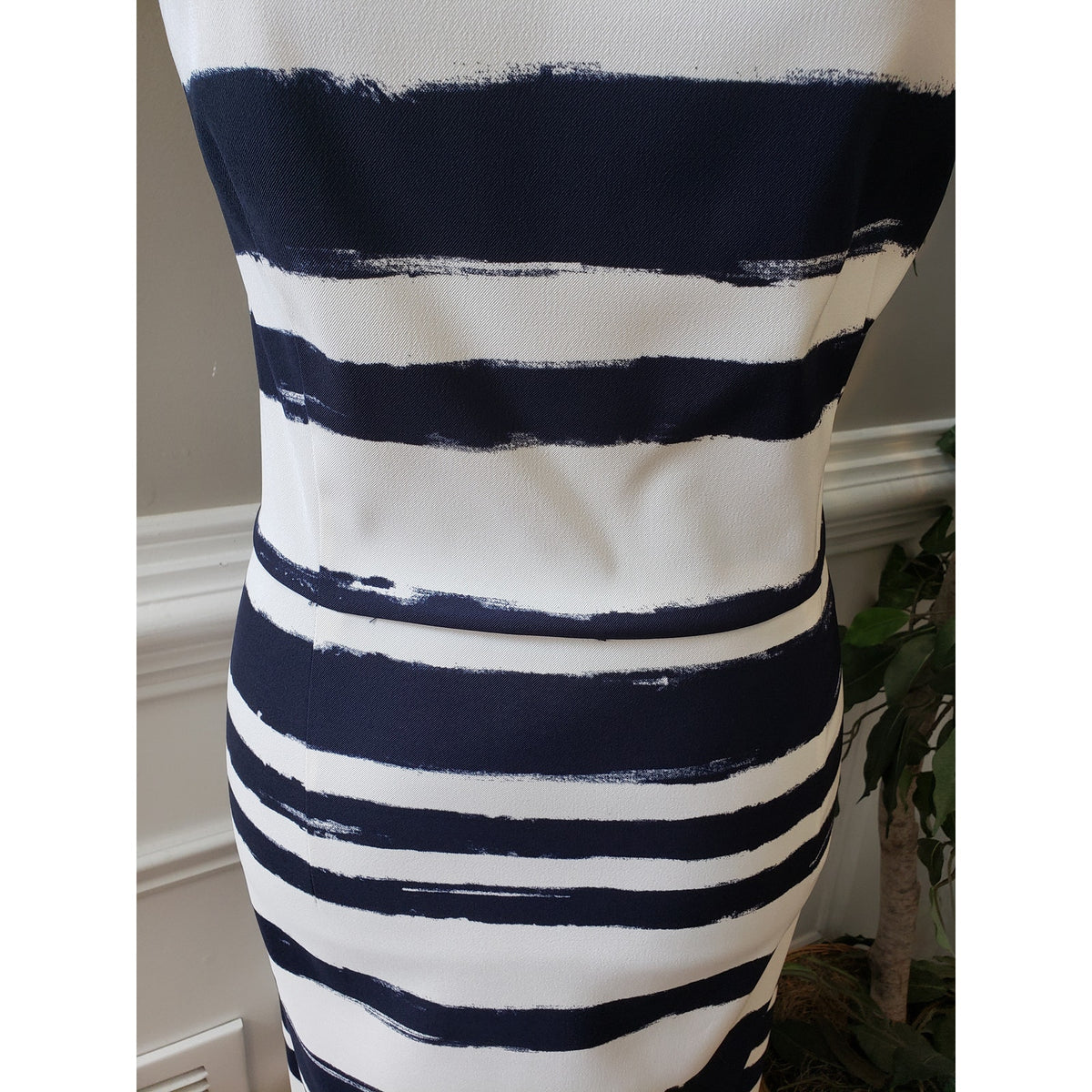AB Studio Dress Women 16 Navy White Sheath Sleeveless Striped Career Stretch