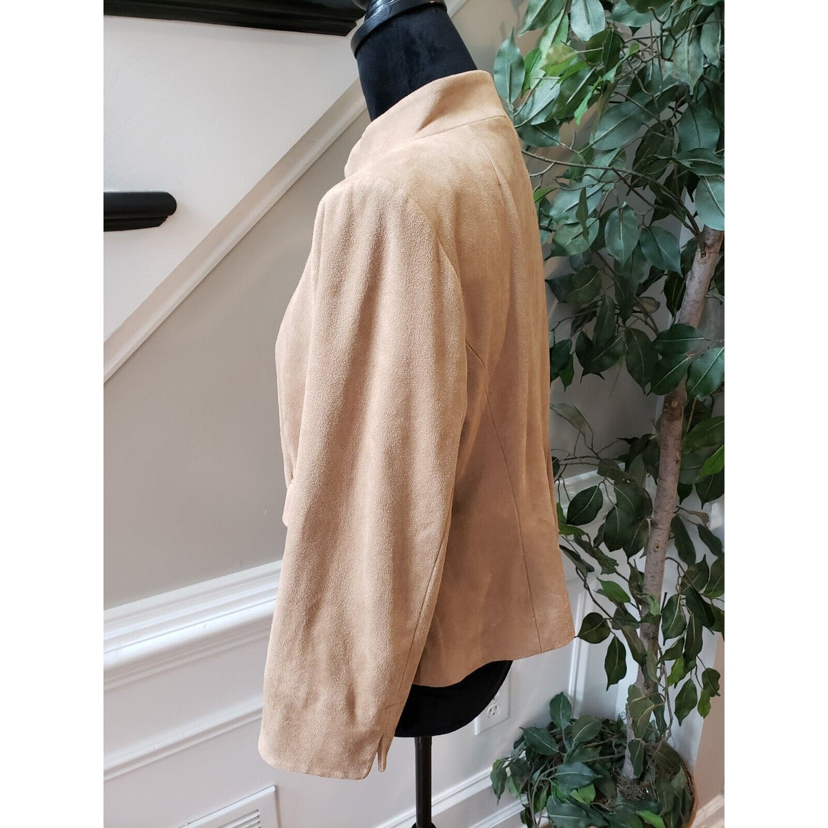 Chico's Black Label Womens Tan Faux Suede Flap Pockets Snap Front Jacket Size M