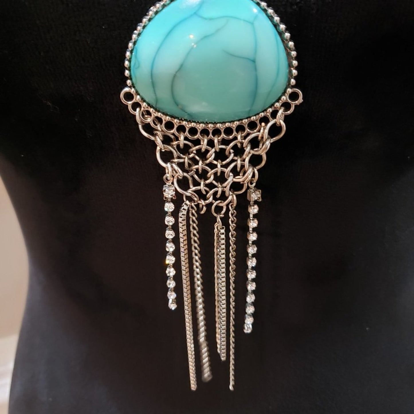 Silver Tone Blue Turquoise Acrylic Fringe Tassel Fashion Jewellery Necklace