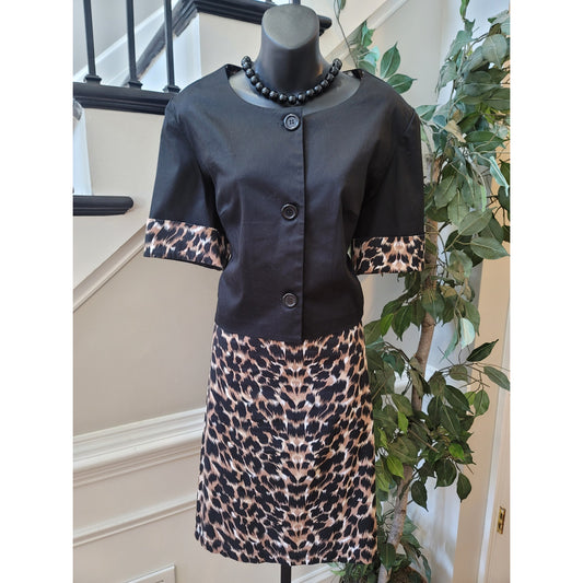 Courtenay Skirt Suit Women's SZ 16 Black/Beige Animal Print Belted Short Sleeve