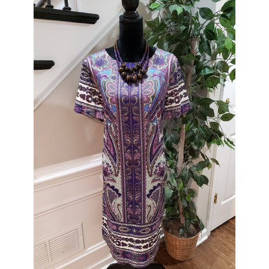 La Mamasita Women Purple Paisley Stretch Round Neck Back Zip Shift Dress Size 16