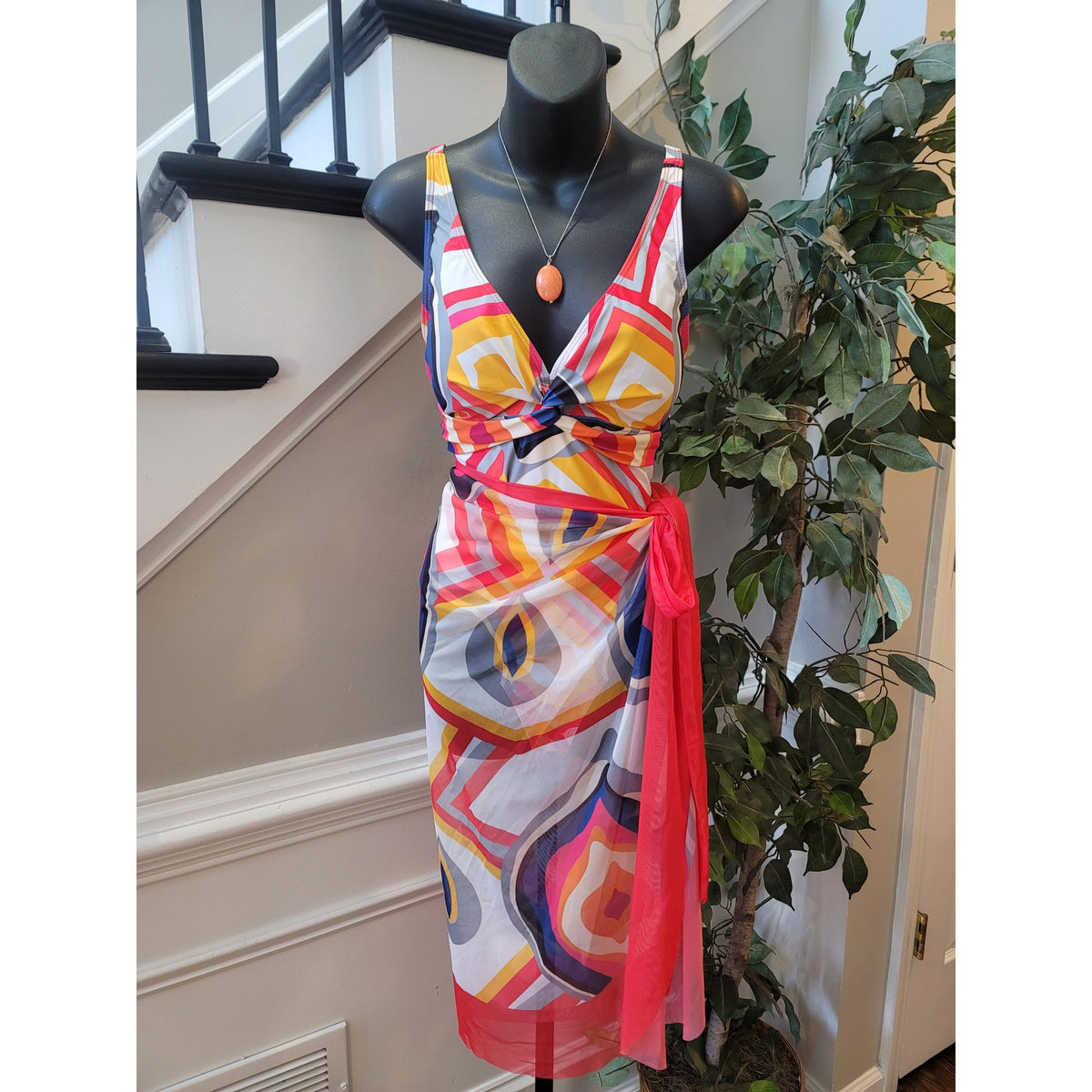 Cover Up Set Women's Large Multicolor Geometric Mesh Wrap Padded Bra Twist Knot