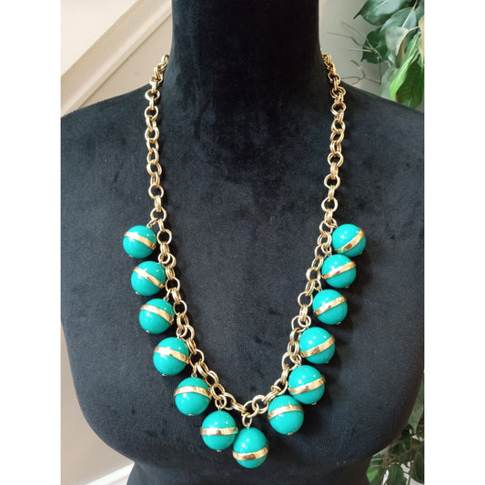 J Crew Turquoise Beaded Statement Necklace Gold Tone Double Chain Chunky Bib