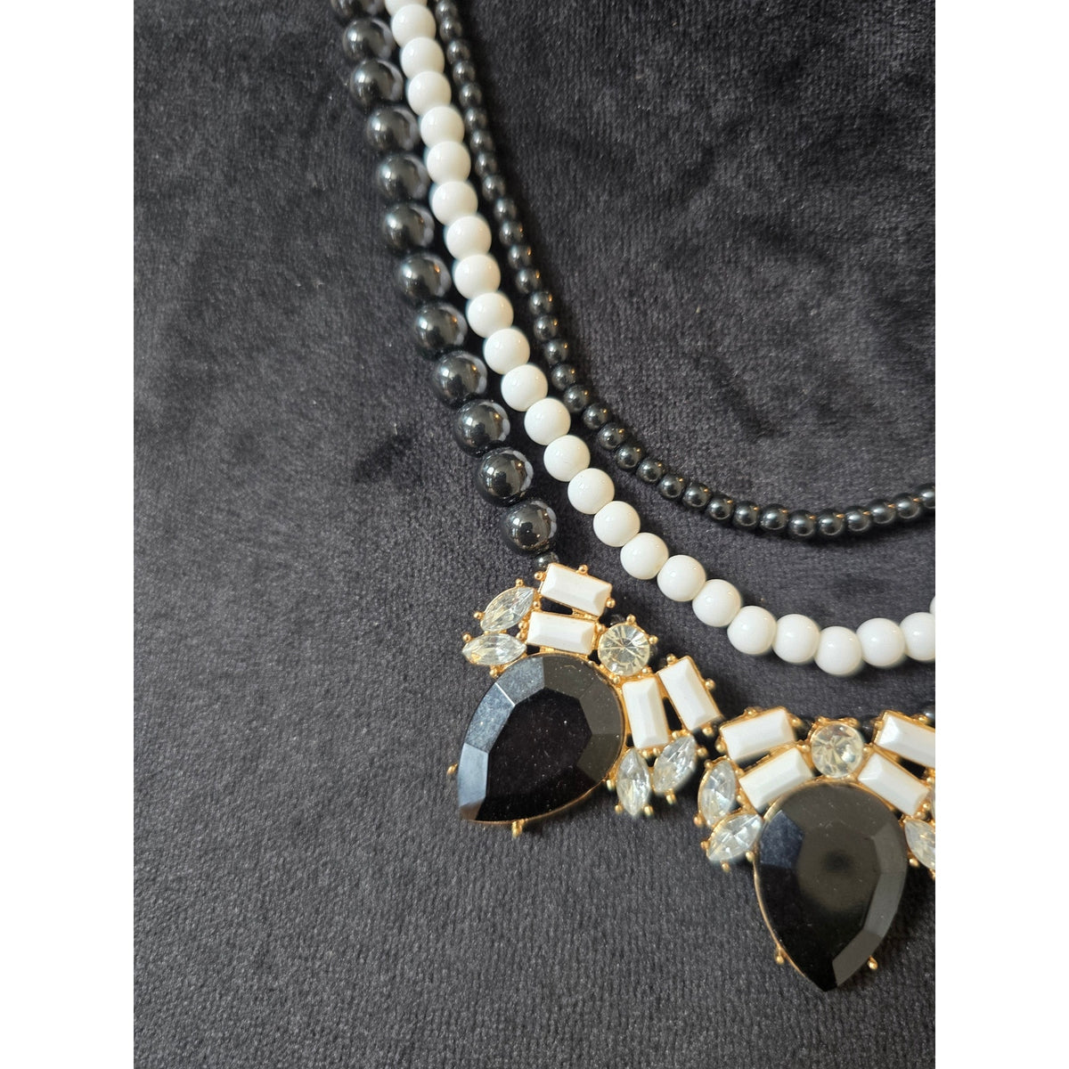 Black White Multi Strand Crystal Statement Necklace