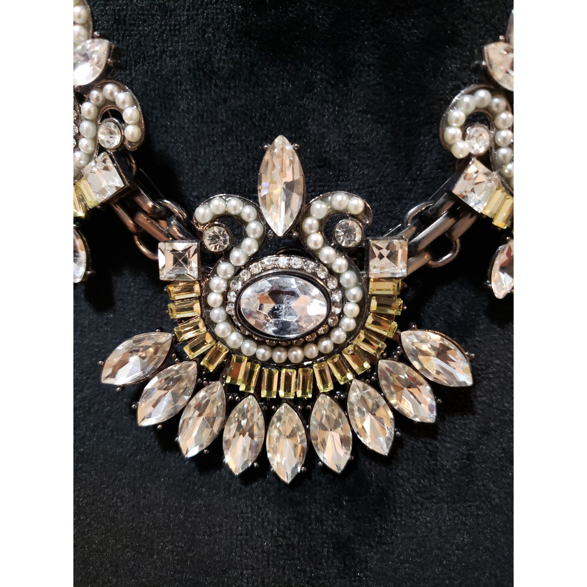 Womens Faux Pearls with Prong Set Crystals Floral Statement Necklace Jewelry