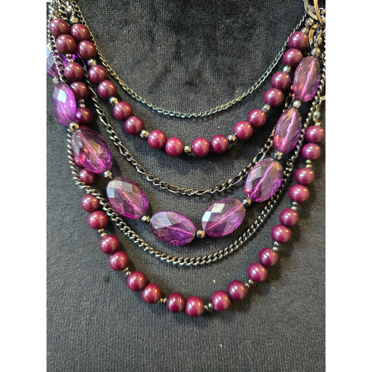Womens Silver Tone Multi-strand Purple Round Faux-pearl Beads Statement Necklace