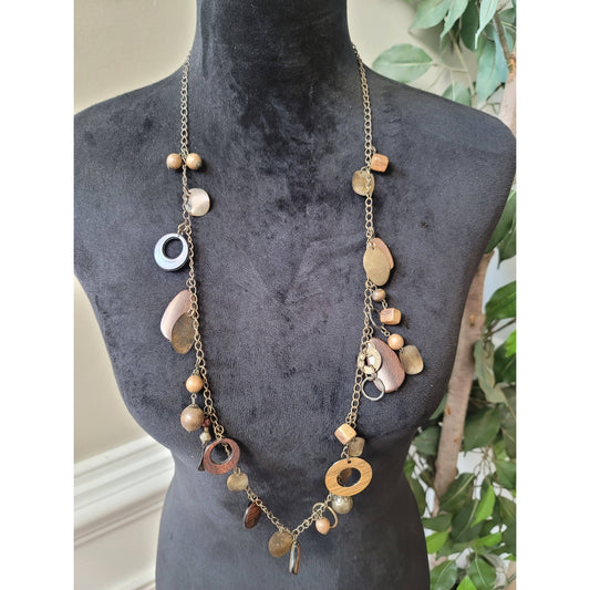 Women's Long Boho Wood Beaded Pendant Necklace Lobster Clasp Chain Jewelry