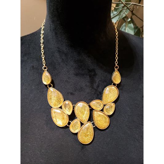 Women Fashion Gold Tone Shimary Art Glass Bezel Rimed Teardrops Bib Necklace
