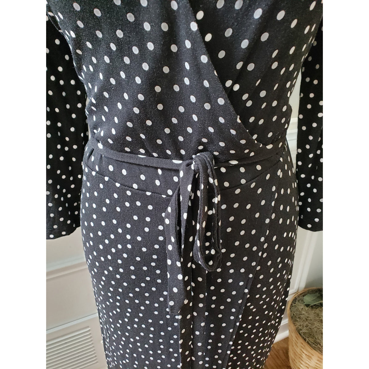 A New Day Polka Dot Dress Women's M Black White Wrap Belted Long Sleeve