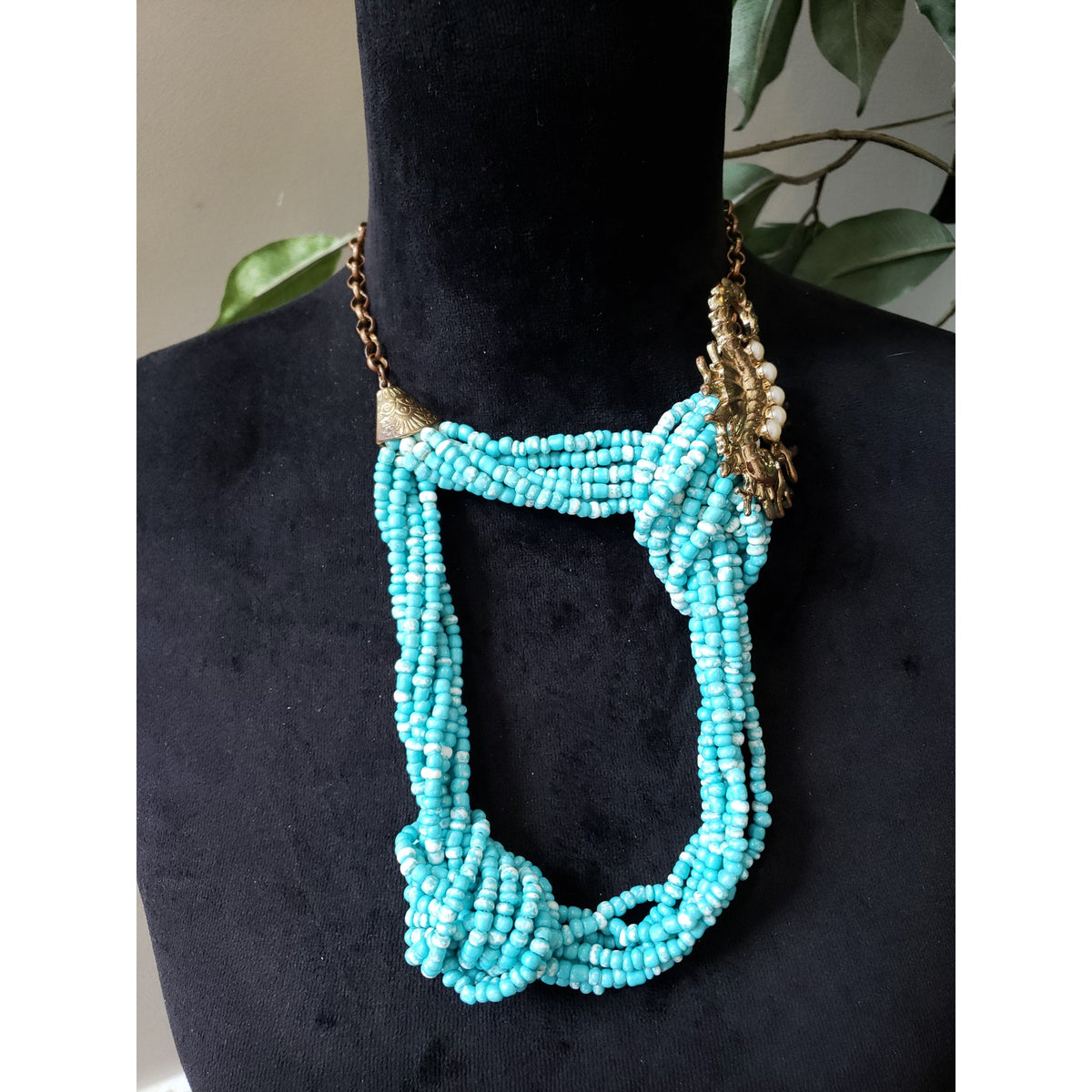Womens Layered Turquoise Seed Beads Knotted Brooch Charm Bib Necklace Jewelry