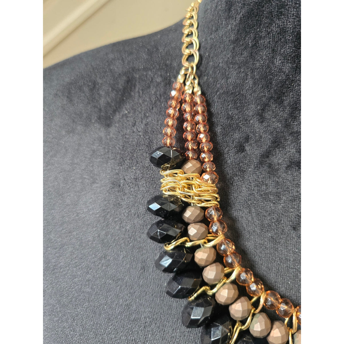 Black Bronze Gold Tone Faceted Beaded Teardrop Layered Fringe Bib Necklace