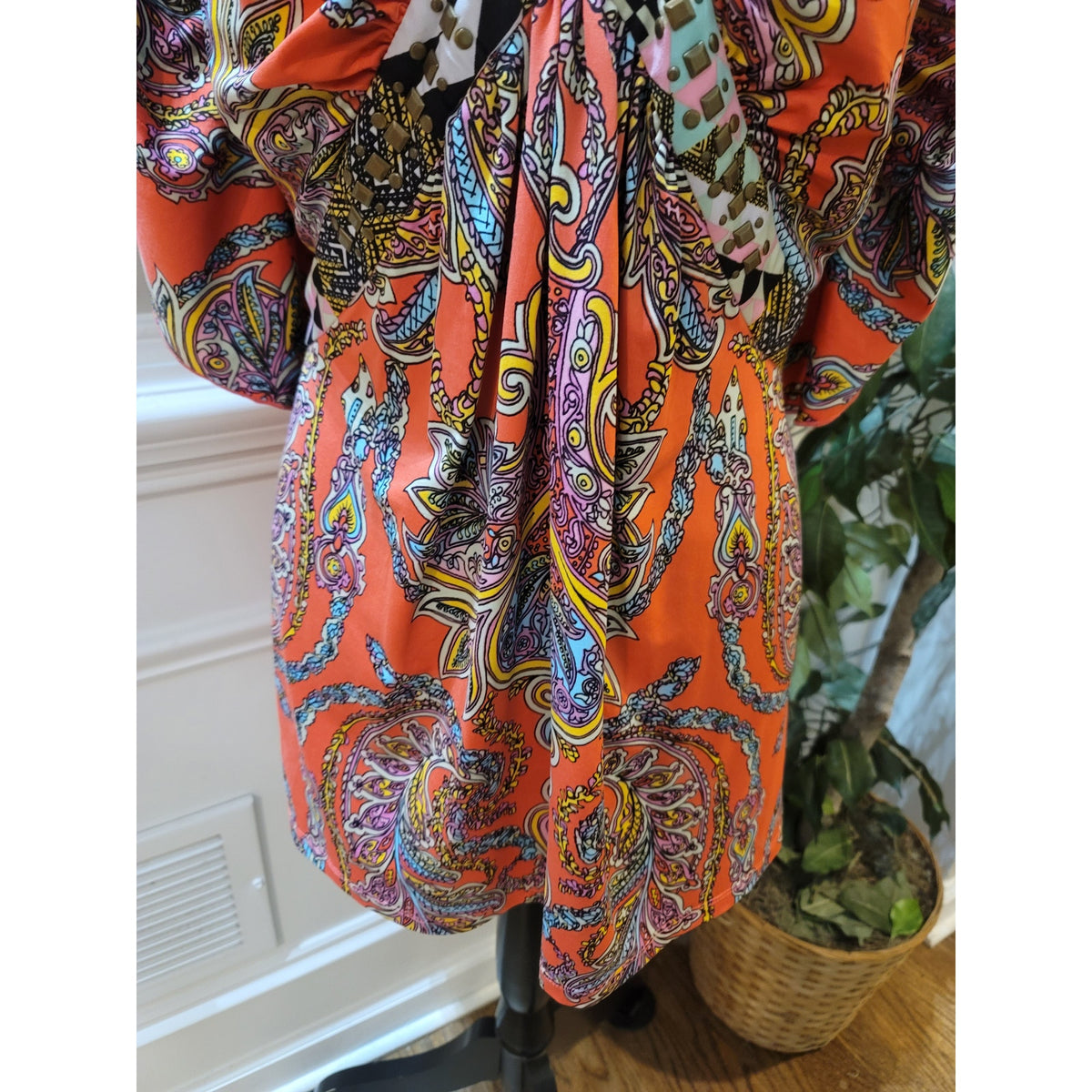 One World Blouse Top Womens SZ 2X Multicolor Paisley Empire Waist Pleated V-Neck