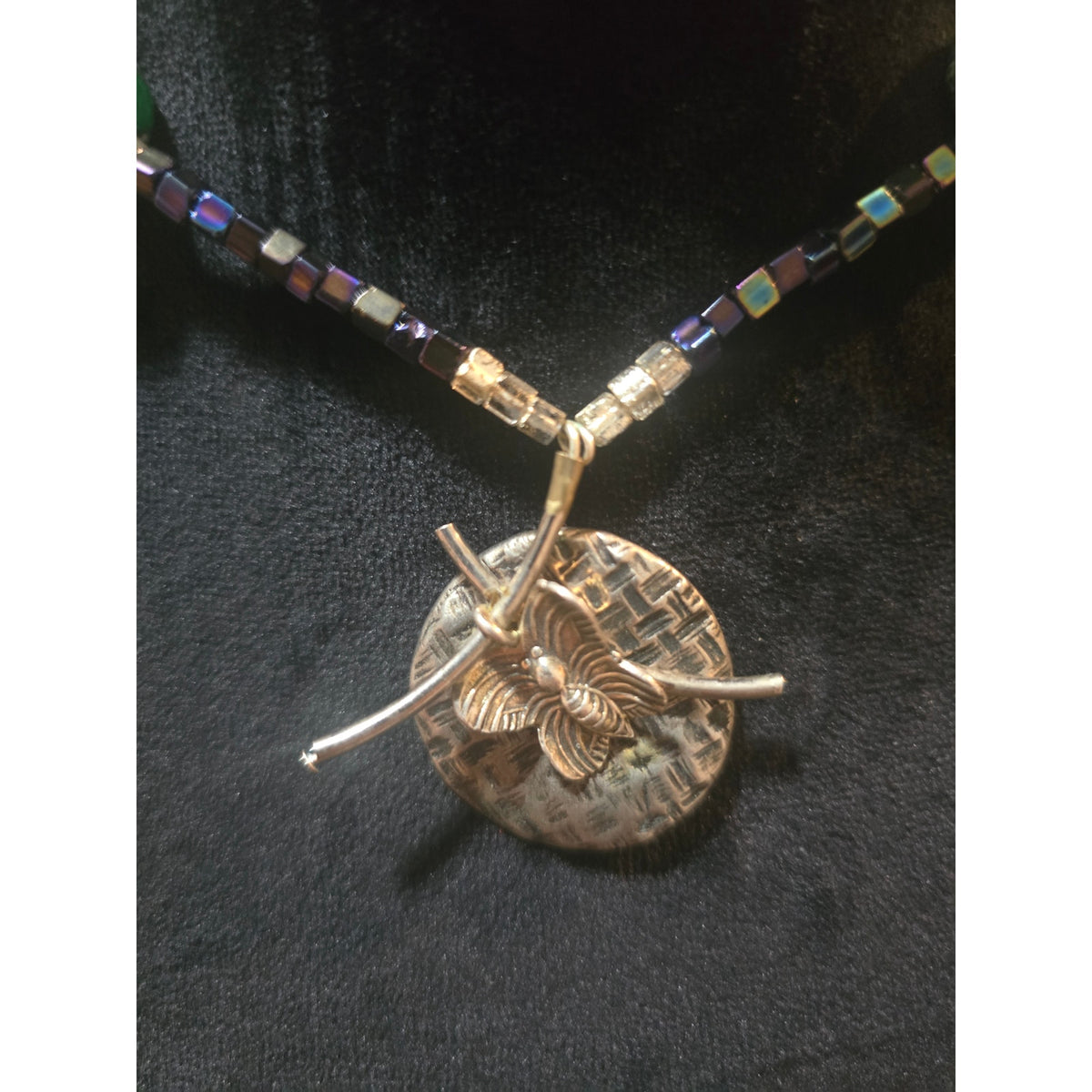 Women's Green Beaded Necklace With Silver Butterfly Pendant And Toggle Clasp