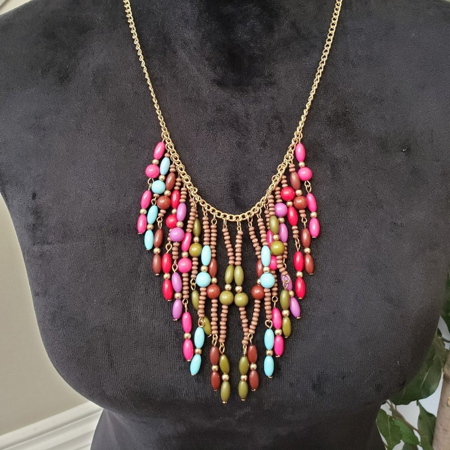 Womens Fashion Multicolor Beaded Statement Tassel Necklace with Lobster Clasp
