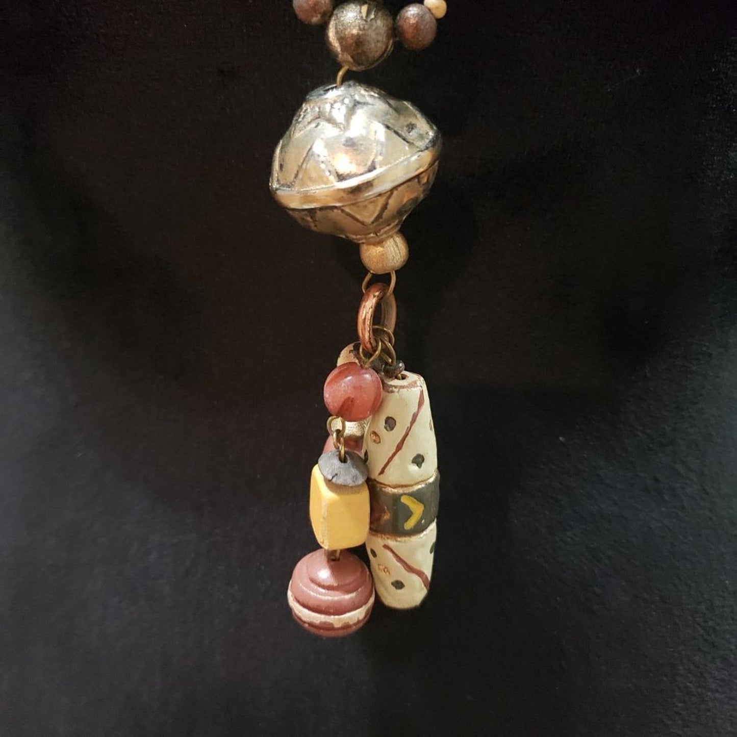 Womens Fashion Multi Wood Beaded Brass Tassel Statement Long Strand Necklace