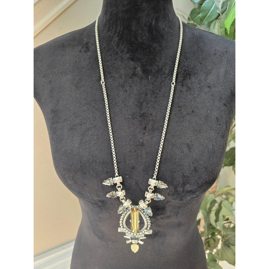 Long Silver and Gold Tone Rhinestone Statement Pendant Necklace