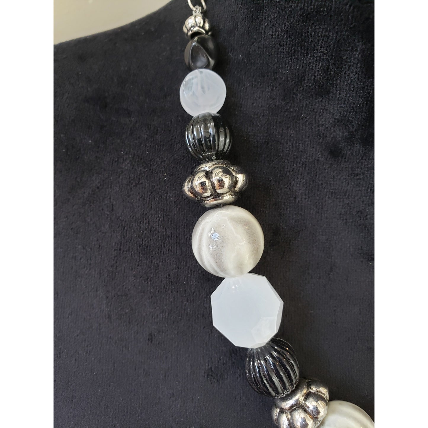 Womens Gray Silver & Black Chunky Beads Moonlight Stone Necklace with Lobster