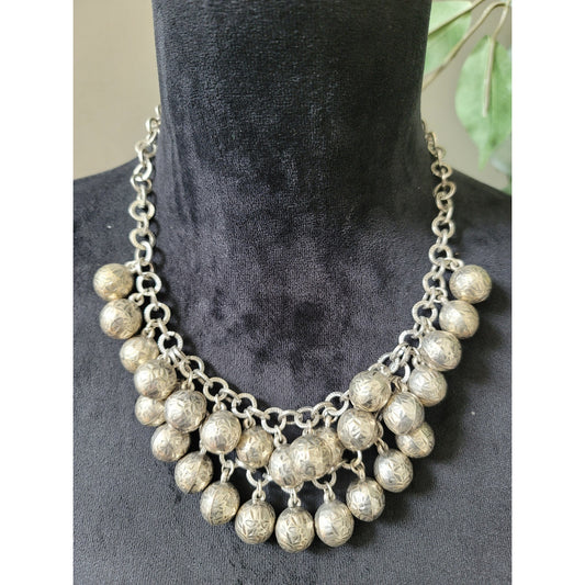 Women's Antique Silver Oxidized Ball Necklace With Lobster Clasp Chain Jewelry