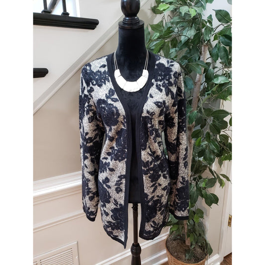Palette Women Black Floral Nylon Open Front Long Sleeve Cardigan Sweater Size XL