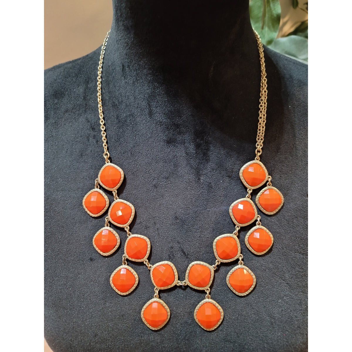 Women's Gold Chain Statement Necklace With Orange Gemstones And Lobster Clasp