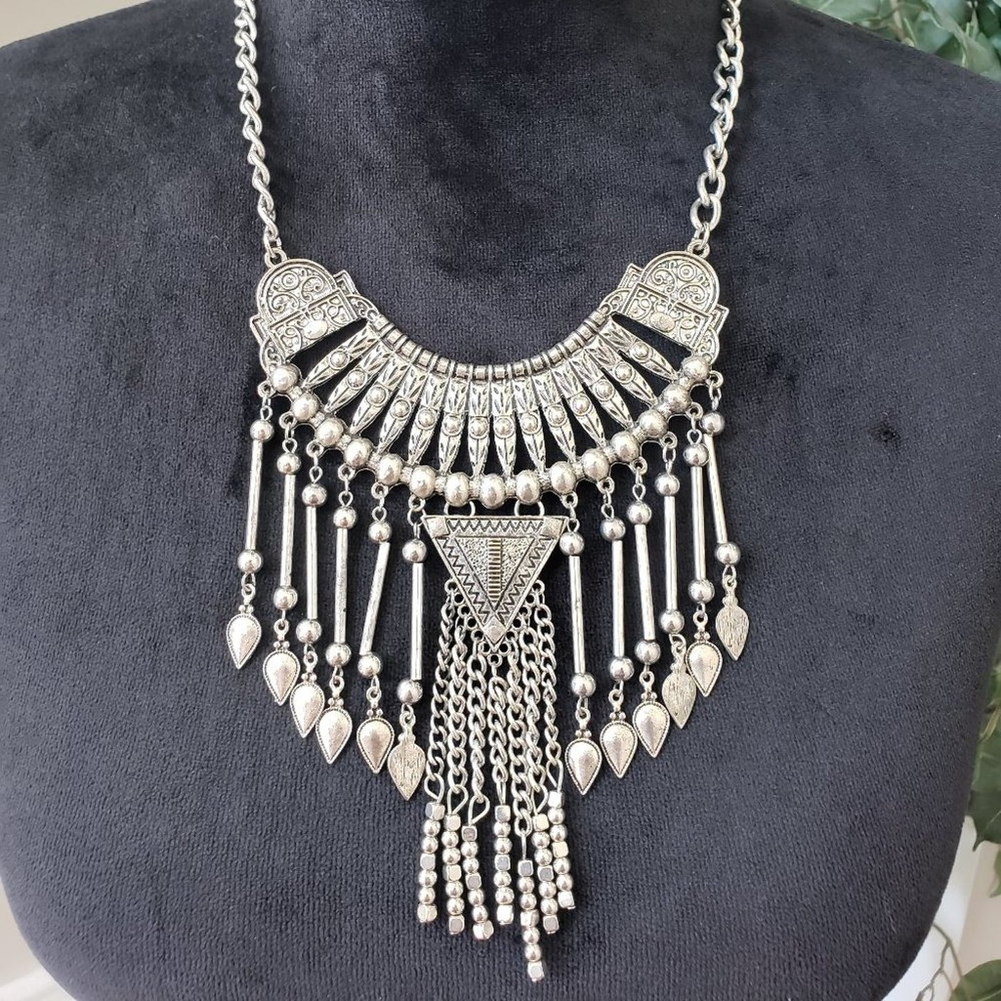 Women African Bohemian Style Antiqued Silver Tone Tassel Statement Bib Necklace