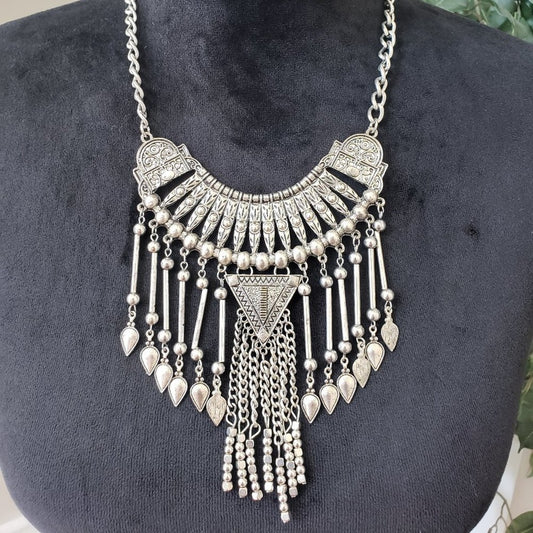 Women African Bohemian Style Antiqued Silver Tone Tassel Statement Bib Necklace