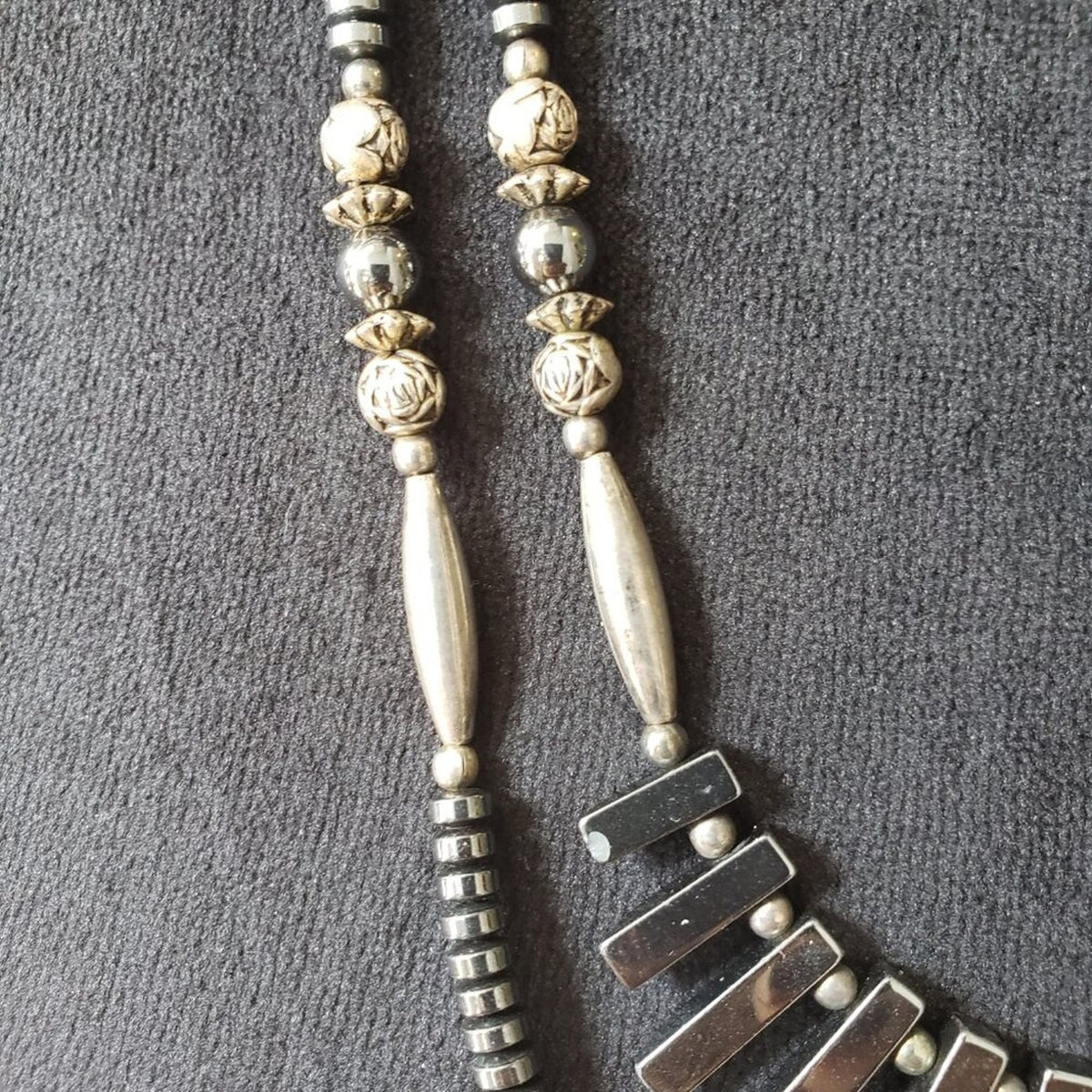 Womens 2 Strand Silver Oxidized Fan Sticks Beaded Necklace with Lobster Clasp
